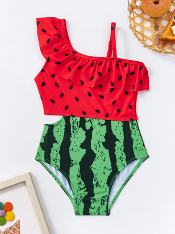 Lányoknak egy vállú bikini, két darabos szett – virágos mintázat, nagy rugalmasság, poliészter/spandex (85% poliészter, 15% spandex), 200 g, 1,5–7 éveseknek