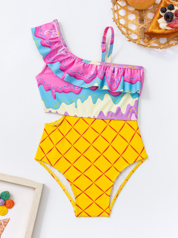 Μαγιό για κορίτσια με έναν ώμο, σετ δύο τεμαχίων – φλοράλ σχέδιο, υψηλή ελαστικότητα, πολυεστέρας/spandex (85% πολυεστέρας, 15% σπαντεξ), 200 g, για ηλικίες 1,5–7 ετών