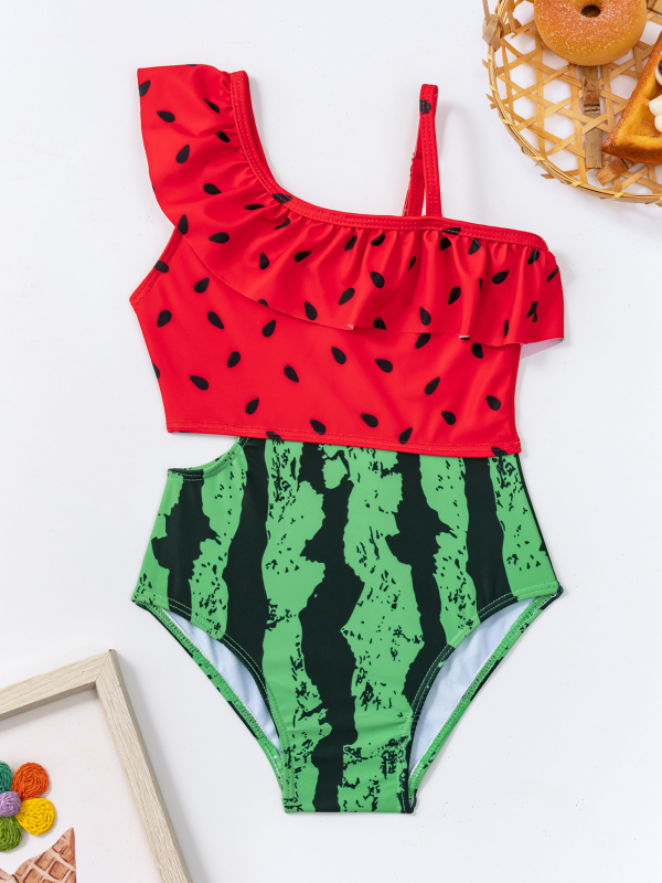 Lányoknak egy vállú bikini, két darabos szett – virágos mintázat, nagy rugalmasság, poliészter/spandex (85% poliészter, 15% spandex), 200 g, 1,5–7 éveseknek