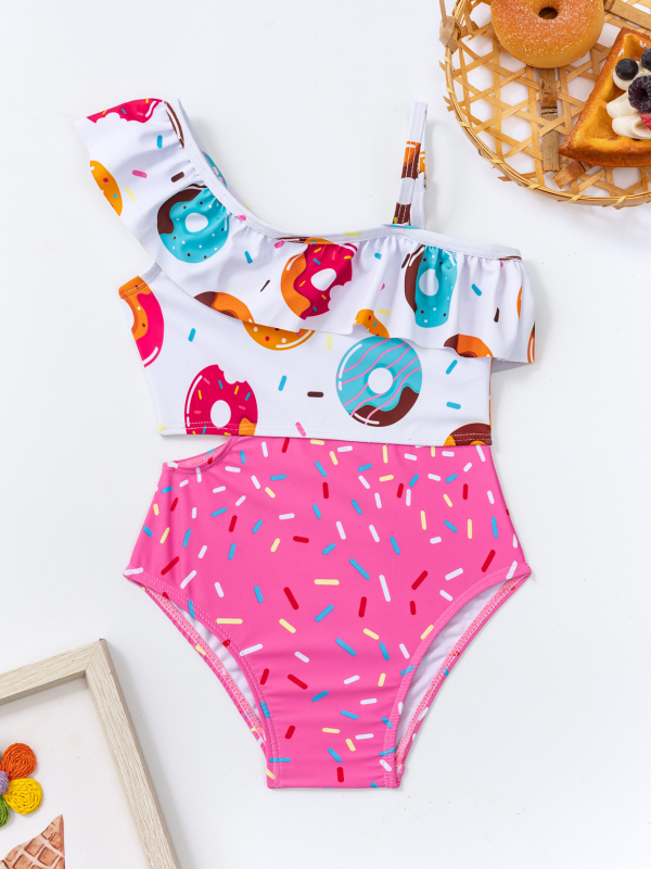 Lányoknak egy vállú bikini, két darabos szett – virágos mintázat, nagy rugalmasság, poliészter/spandex (85% poliészter, 15% spandex), 200 g, 1,5–7 éveseknek