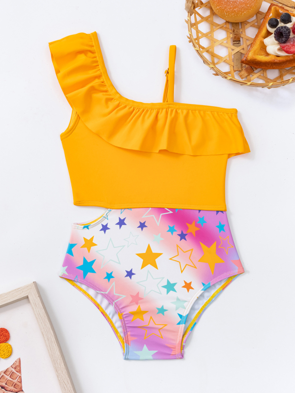 Lányoknak egy vállú bikini, két darabos szett – virágos mintázat, nagy rugalmasság, poliészter/spandex (85% poliészter, 15% spandex), 200 g, 1,5–7 éveseknek