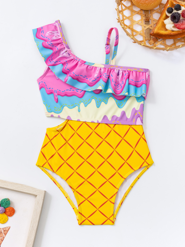 Lányoknak egy vállú bikini, két darabos szett – virágos mintázat, nagy rugalmasság, poliészter/spandex (85% poliészter, 15% spandex), 200 g, 1,5–7 éveseknek