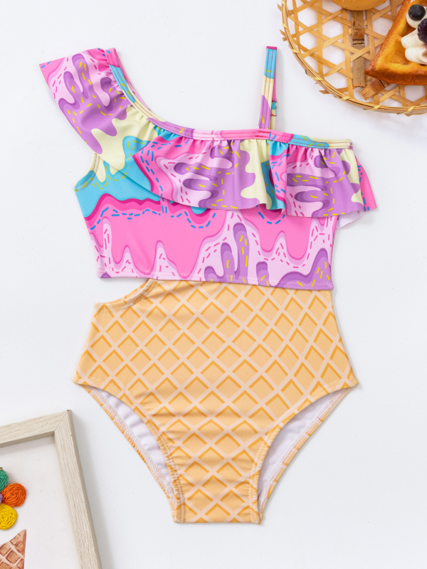 Lányoknak egy vállú bikini, két darabos szett – virágos mintázat, nagy rugalmasság, poliészter/spandex (85% poliészter, 15% spandex), 200 g, 1,5–7 éveseknek