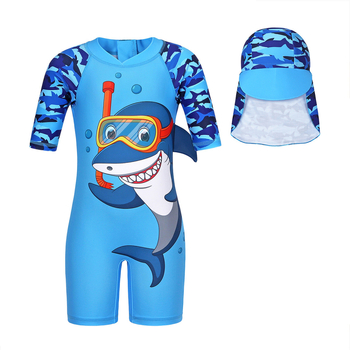 Ολόσωμο μαγιό για αγόρια, εκτύπωση καρχαρία σε καρτούν, προστασία από τον ήλιο, για κολύμβηση και θαλάσσια σπορ, ηλικίες 3-8 ετών, πολυεστέρας με επένδυση από νάιλον