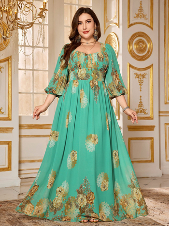 Elegáns chiffon ruha virágmintával, V-nyakú, lámpás ujjú, A-vonalú hosszú fazon