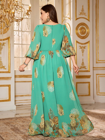 Elegáns chiffon ruha virágmintával, V-nyakú, lámpás ujjú, A-vonalú hosszú fazon