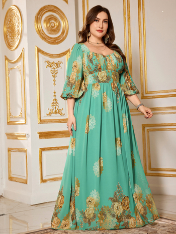 Elegáns chiffon ruha virágmintával, V-nyakú, lámpás ujjú, A-vonalú hosszú fazon