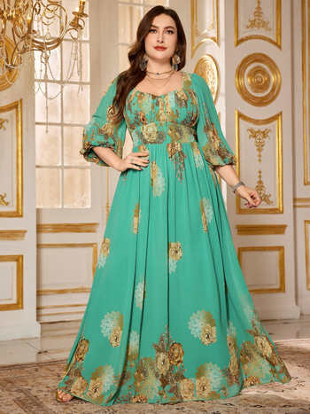 Elegáns chiffon ruha virágmintával, V-nyakú, lámpás ujjú, A-vonalú hosszú fazon