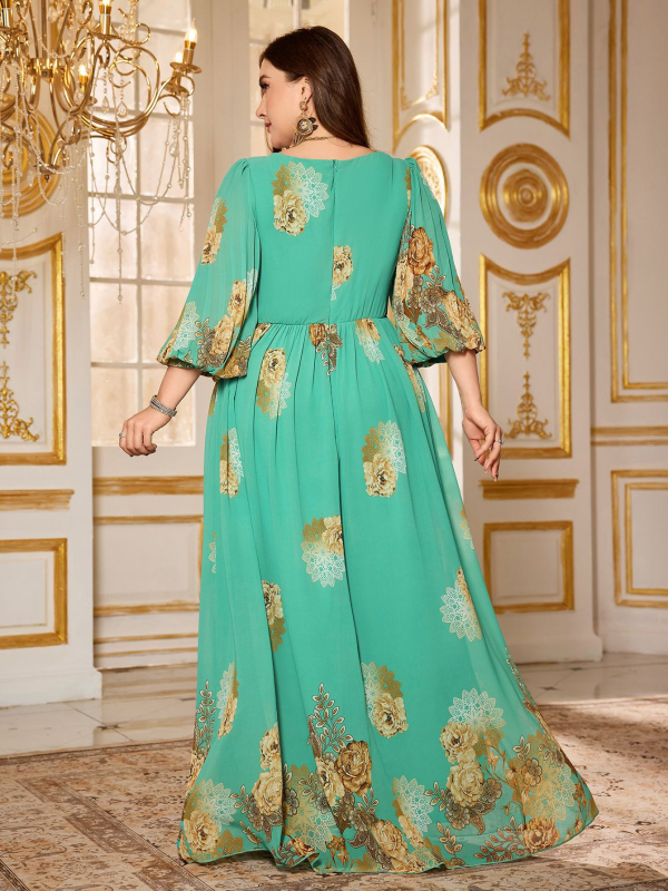 Elegáns chiffon ruha virágmintával, V-nyakú, lámpás ujjú, A-vonalú hosszú fazon