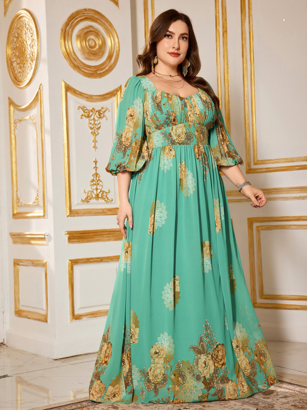 Elegáns chiffon ruha virágmintával, V-nyakú, lámpás ujjú, A-vonalú hosszú fazon