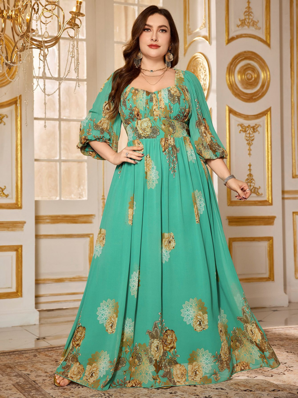 Elegáns chiffon ruha virágmintával, V-nyakú, lámpás ujjú, A-vonalú hosszú fazon