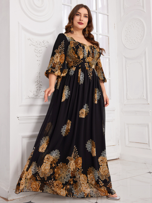 Elegáns chiffon ruha virágmintával, V-nyakú, lámpás ujjú, A-vonalú hosszú fazon