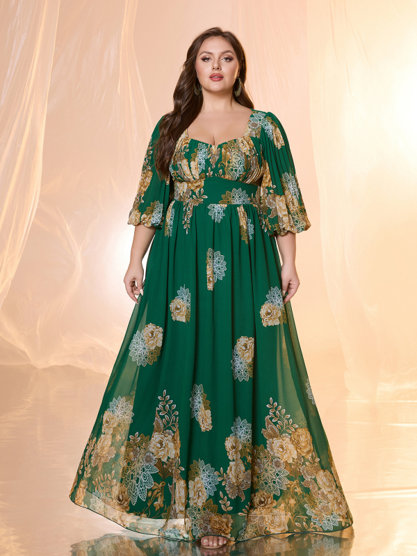 Elegáns chiffon ruha virágmintával, V-nyakú, lámpás ujjú, A-vonalú hosszú fazon