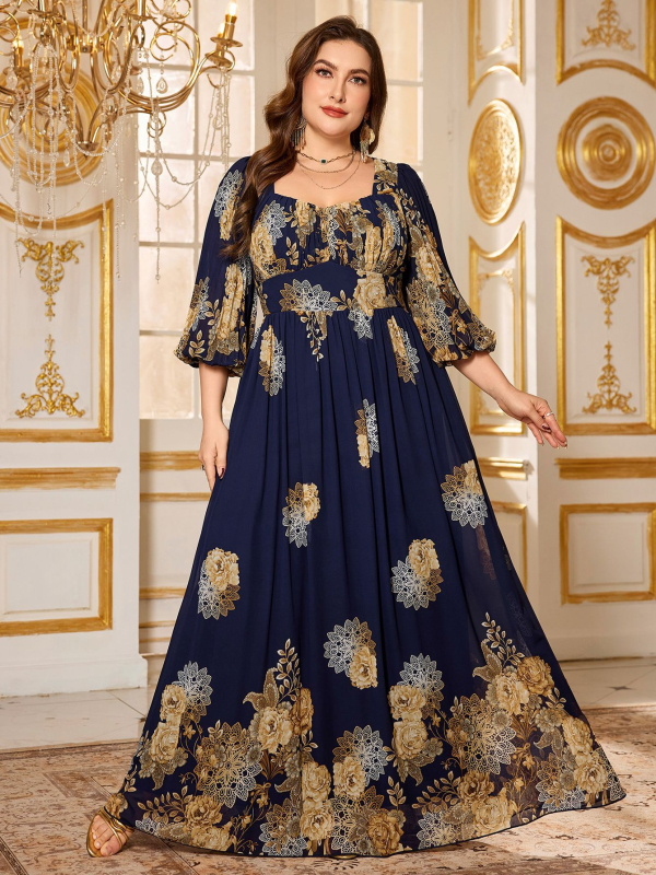 Elegáns chiffon ruha virágmintával, V-nyakú, lámpás ujjú, A-vonalú hosszú fazon