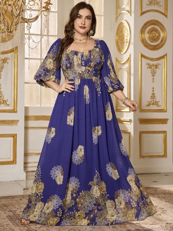 Elegáns chiffon ruha virágmintával, V-nyakú, lámpás ujjú, A-vonalú hosszú fazon