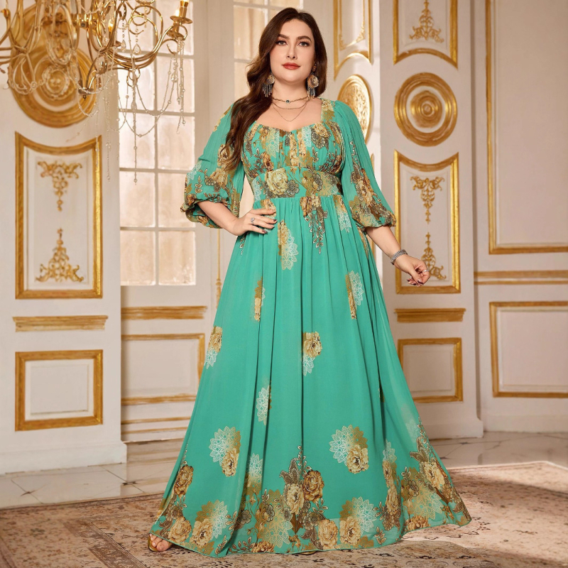 Elegáns chiffon ruha virágmintával, V-nyakú, lámpás ujjú, A-vonalú hosszú fazon