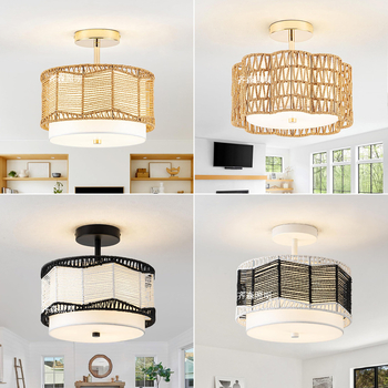 Vintage LED griestu lampiņa ar dzelzs rāmi un rotangpalmas abažūru, 220V, CRI ≥98, 5–10㎡ platība, piemērota viesistabai un restorānam
