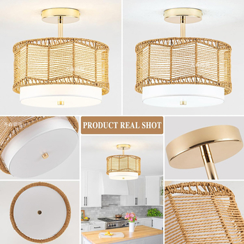 Vintage LED griestu lampiņa ar dzelzs rāmi un rotangpalmas abažūru, 220V, CRI ≥98, 5–10㎡ platība, piemērota viesistabai un restorānam