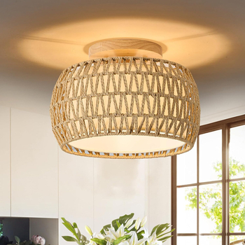Vintage LED griestu lampiņa ar dzelzs rāmi un rotangpalmas abažūru, 220V, CRI ≥98, 5–10㎡ platība, piemērota viesistabai un restorānam
