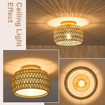 Vintage LED griestu lampiņa ar dzelzs rāmi un rotangpalmas abažūru, 220V, CRI ≥98, 5–10㎡ platība, piemērota viesistabai un restorānam