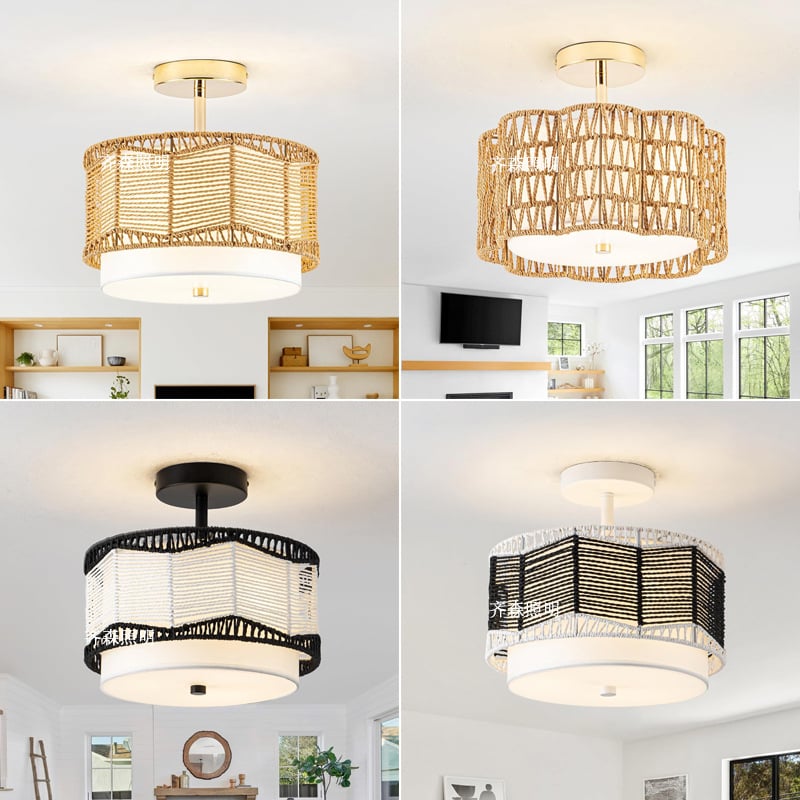 Таванна лампа – винтидж LED, железен корпус и ратанов абажур, 220V, CRI ≥98, обхват 5–10㎡, подходяща за дневна и ресторант