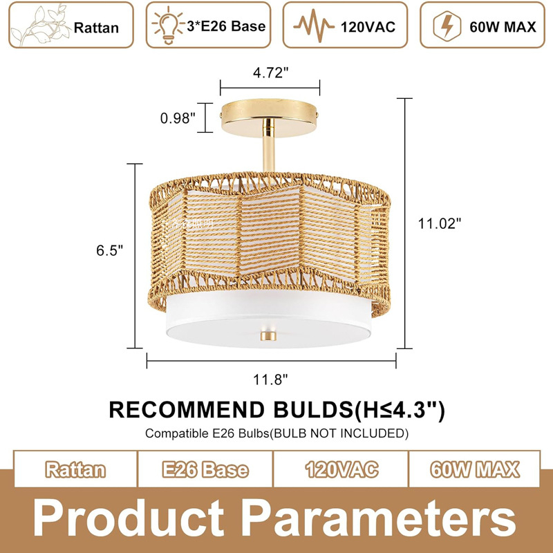 Vintage LED griestu lampiņa ar dzelzs rāmi un rotangpalmas abažūru, 220V, CRI ≥98, 5–10㎡ platība, piemērota viesistabai un restorānam