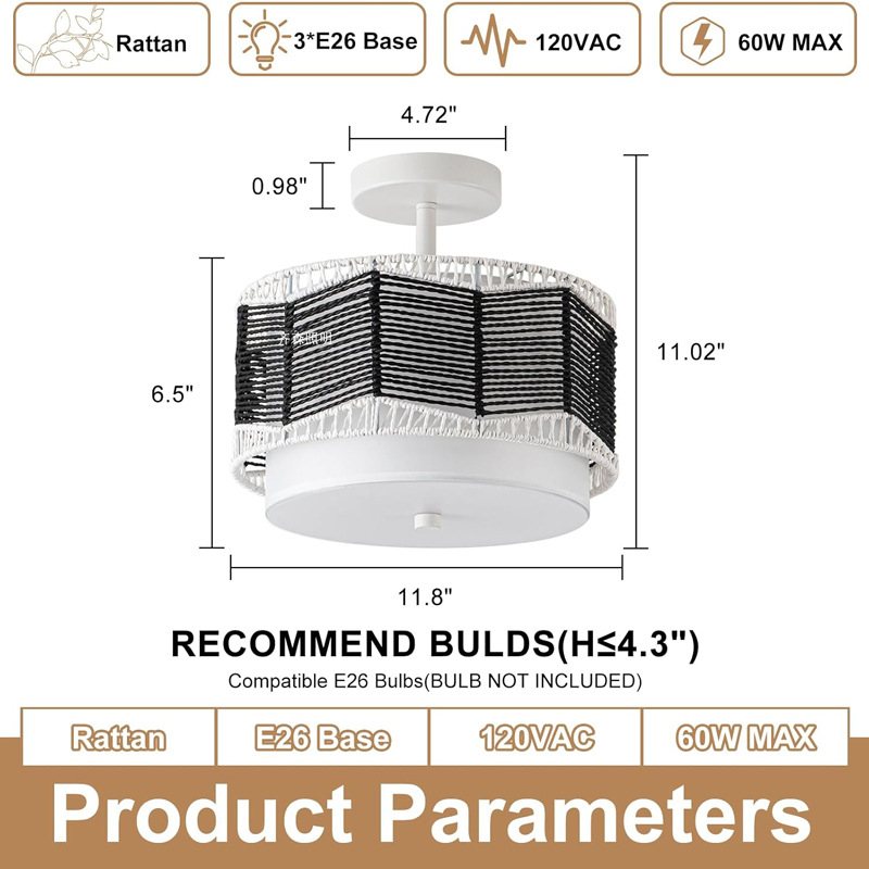 Vintage LED griestu lampiņa ar dzelzs rāmi un rotangpalmas abažūru, 220V, CRI ≥98, 5–10㎡ platība, piemērota viesistabai un restorānam