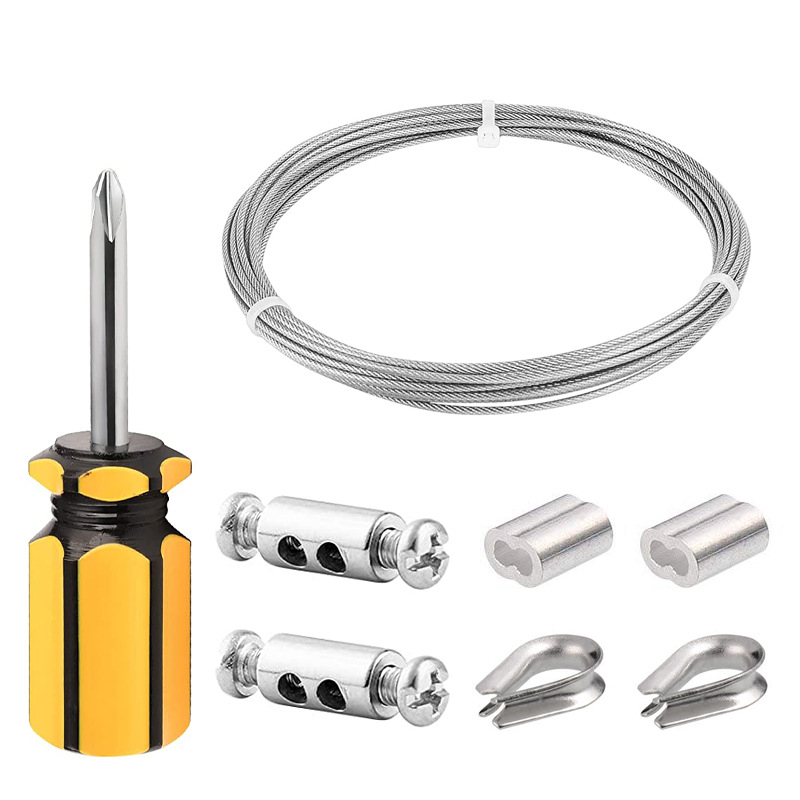 Nerūdijančio plieno vielinio lyno komplektas su plastiko danga ir sraigtiniu užraktu; Prekės ženklas: Yanming; Medžiaga: 304 nerūdijantis plienas; Panaudojimas: vielinio lyno priedai; Maksimali apkrova: 30