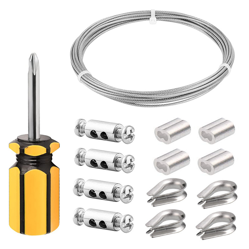 Nerūdijančio plieno vielinio lyno komplektas su plastiko danga ir sraigtiniu užraktu; Prekės ženklas: Yanming; Medžiaga: 304 nerūdijantis plienas; Panaudojimas: vielinio lyno priedai; Maksimali apkrova: 30