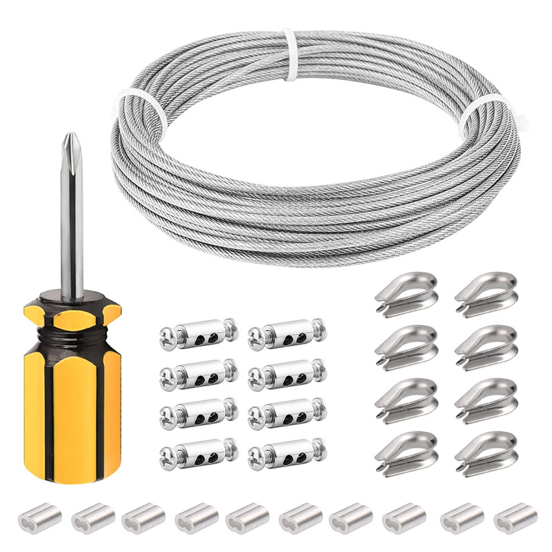 Nerūdijančio plieno vielinio lyno komplektas su plastiko danga ir sraigtiniu užraktu; Prekės ženklas: Yanming; Medžiaga: 304 nerūdijantis plienas; Panaudojimas: vielinio lyno priedai; Maksimali apkrova: 30