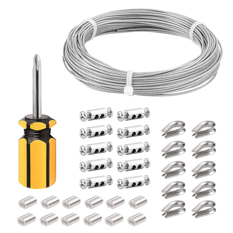 Nerūdijančio plieno vielinio lyno komplektas su plastiko danga ir sraigtiniu užraktu; Prekės ženklas: Yanming; Medžiaga: 304 nerūdijantis plienas; Panaudojimas: vielinio lyno priedai; Maksimali apkrova: 30