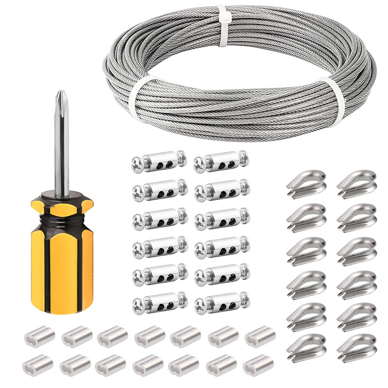 Nerūdijančio plieno vielinio lyno komplektas su plastiko danga ir sraigtiniu užraktu; Prekės ženklas: Yanming; Medžiaga: 304 nerūdijantis plienas; Panaudojimas: vielinio lyno priedai; Maksimali apkrova: 30