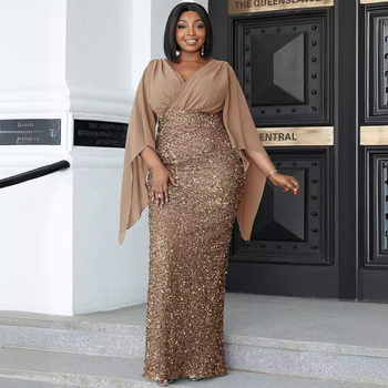 Μακριά φόρεμα βραδινό γραμμής Α με V-λαιμό, μεσαία μέση, μακριά μανίκια τύπου πριγκίπισσας, σχέδιο με 3D παγιέτες, πολυεστέρας