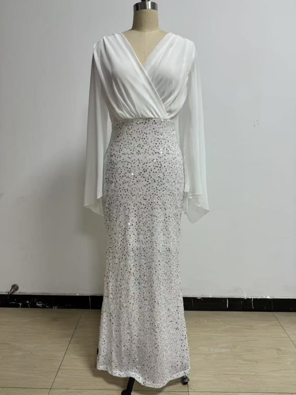 Rochie de seară lungă, croială A-line, decolteu în V, talie la mijloc, mâneci lungi tip prințesă, model cu paiete 3D, poliester