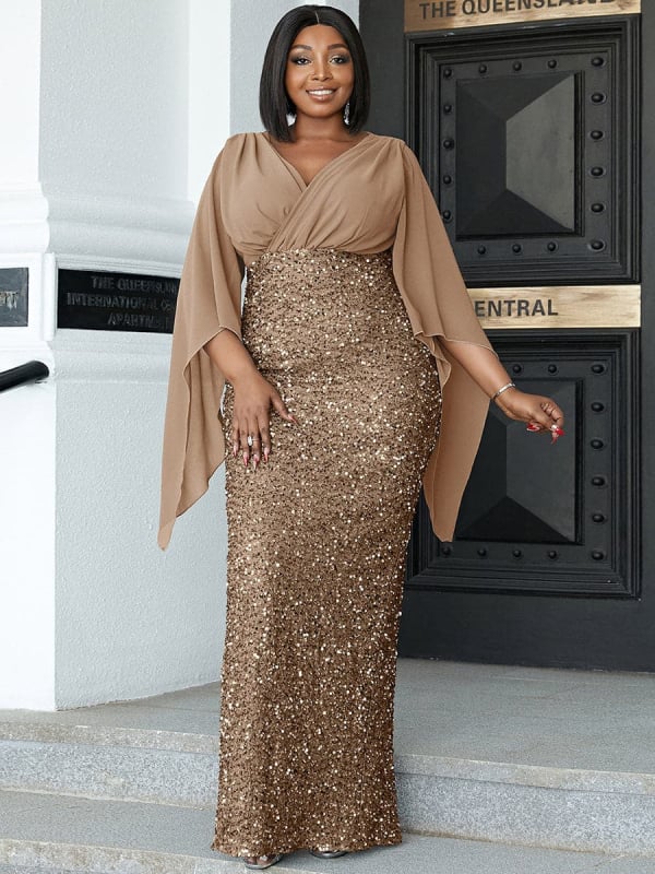Rochie de seară lungă, croială A-line, decolteu în V, talie la mijloc, mâneci lungi tip prințesă, model cu paiete 3D, poliester