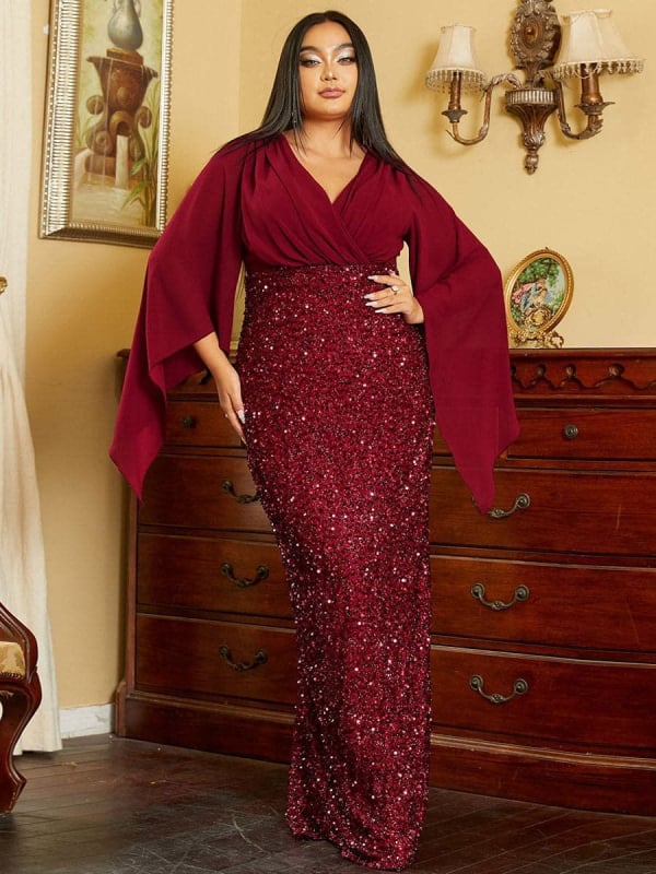 Rochie de seară lungă, croială A-line, decolteu în V, talie la mijloc, mâneci lungi tip prințesă, model cu paiete 3D, poliester