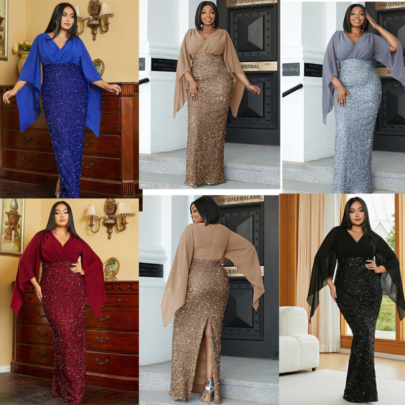 Ilga A linijos vakarinė suknelė su V kaklu, vidutinis liemuo, ilgos princesės rankovės, 3D blizgučių raštas, poliesteris