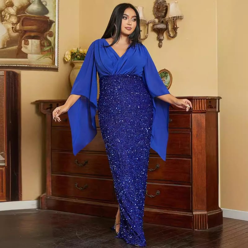 Rochie de seară lungă, croială A-line, decolteu în V, talie la mijloc, mâneci lungi tip prințesă, model cu paiete 3D, poliester
