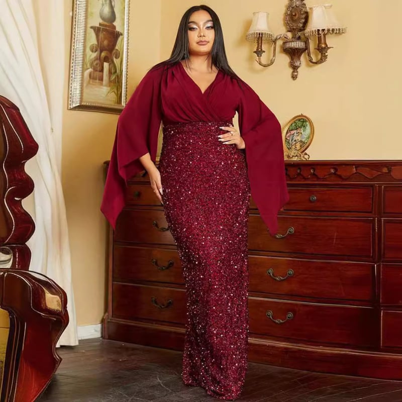 Rochie de seară lungă, croială A-line, decolteu în V, talie la mijloc, mâneci lungi tip prințesă, model cu paiete 3D, poliester