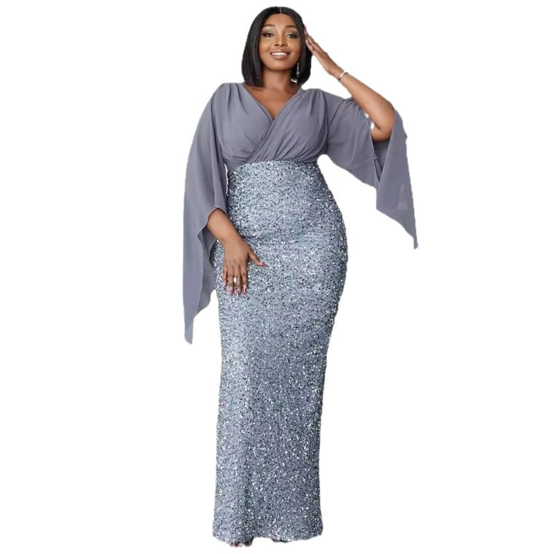 Rochie de seară lungă, croială A-line, decolteu în V, talie la mijloc, mâneci lungi tip prințesă, model cu paiete 3D, poliester