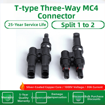 Т-тип 3-изход MC4 фотоволтаичен конектор за DC PV системи, вход към два паралелни изхода, 30A, PPO огнеупорен материал