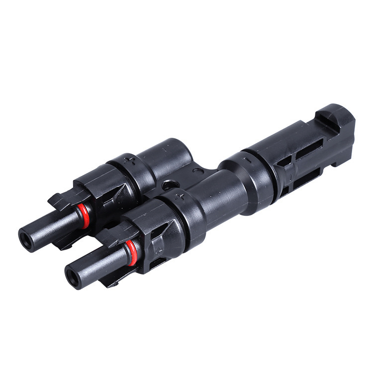 Т-тип 3-изход MC4 фотоволтаичен конектор за DC PV системи, вход към два паралелни изхода, 30A, PPO огнеупорен материал