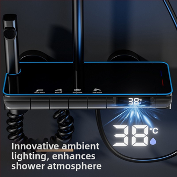 Dušo komplektas su kvadratine viršutine purškimo galvute, nerūdijantis plienas, temperatūros kontrolė, skaitmeninis ekranas, LED apšvietimas, automatinis vandens užpildymas, lietaus sistema (tvirtinimas prie sienos, modelis 43415)