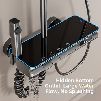 Dušo komplektas su kvadratine viršutine purškimo galvute, nerūdijantis plienas, temperatūros kontrolė, skaitmeninis ekranas, LED apšvietimas, automatinis vandens užpildymas, lietaus sistema (tvirtinimas prie sienos, modelis 43415)