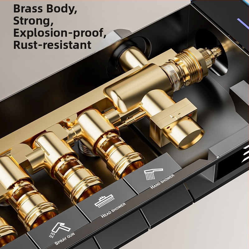 Dušo komplektas su kvadratine viršutine purškimo galvute, nerūdijantis plienas, temperatūros kontrolė, skaitmeninis ekranas, LED apšvietimas, automatinis vandens užpildymas, lietaus sistema (tvirtinimas prie sienos, modelis 43415)