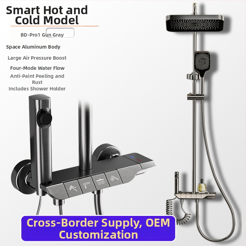 Dušo komplektas su kvadratine viršutine purškimo galvute, nerūdijantis plienas, temperatūros kontrolė, skaitmeninis ekranas, LED apšvietimas, automatinis vandens užpildymas, lietaus sistema (tvirtinimas prie sienos, modelis 43415)