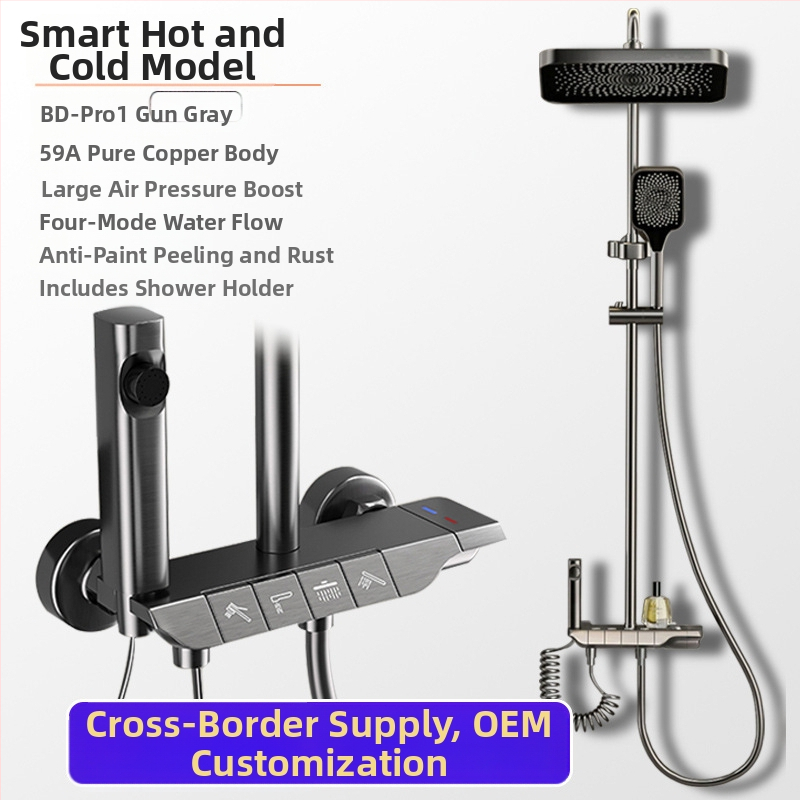 Dušo komplektas su kvadratine viršutine purškimo galvute, nerūdijantis plienas, temperatūros kontrolė, skaitmeninis ekranas, LED apšvietimas, automatinis vandens užpildymas, lietaus sistema (tvirtinimas prie sienos, modelis 43415)