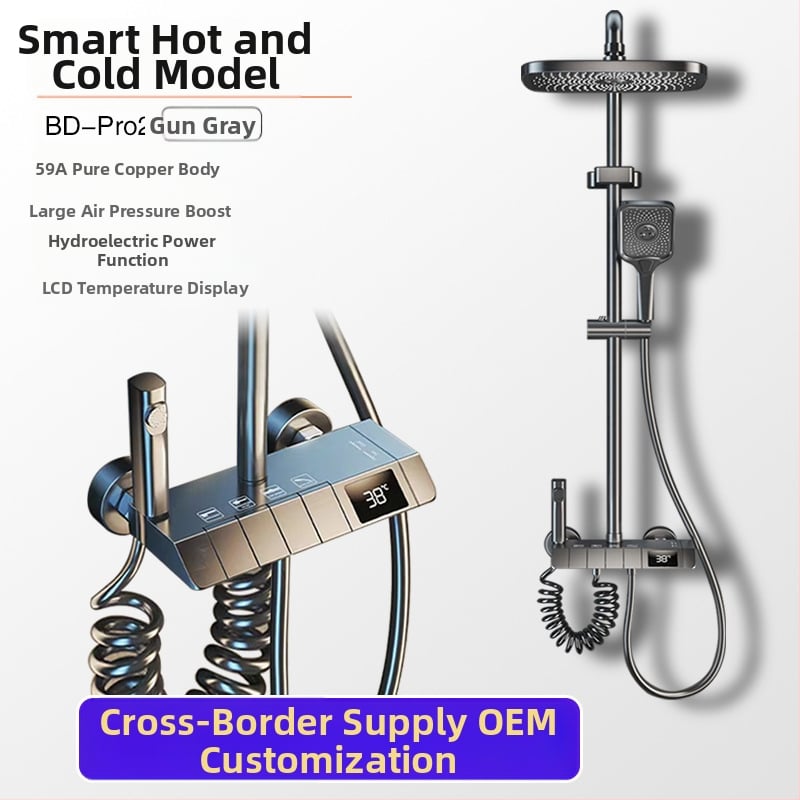 Dušo komplektas su kvadratine viršutine purškimo galvute, nerūdijantis plienas, temperatūros kontrolė, skaitmeninis ekranas, LED apšvietimas, automatinis vandens užpildymas, lietaus sistema (tvirtinimas prie sienos, modelis 43415)