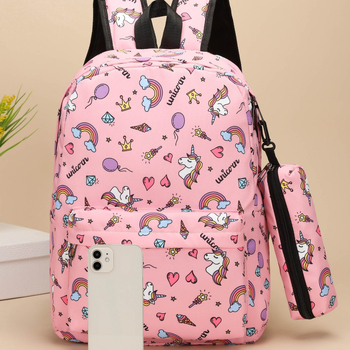 Σετ Unicorn από καμβά για μαθητές γυμνασίου — τρία τεμάχια: σακίδιο, τσάντα crossbody και νεσεσέρ, σε στυλ δρόμου
