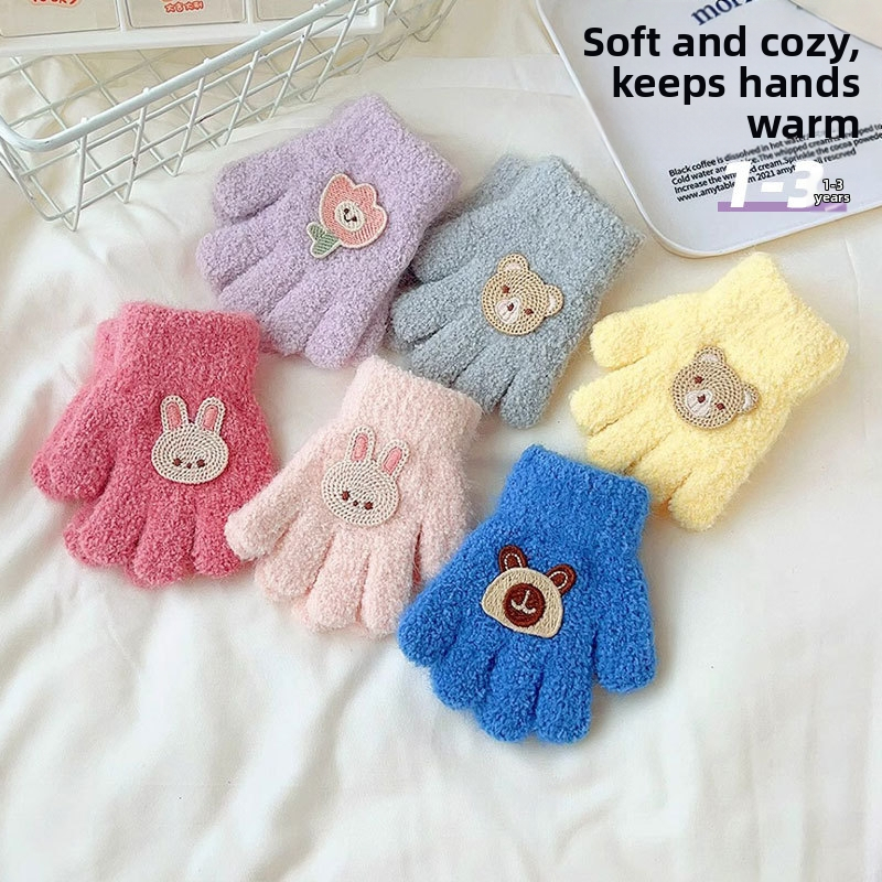 Unisex žieminės pirštinės vaikams 1-3 metų, pūkuotas animacinis raštas, penkių pirštų pirštinės, jacquard mezginys